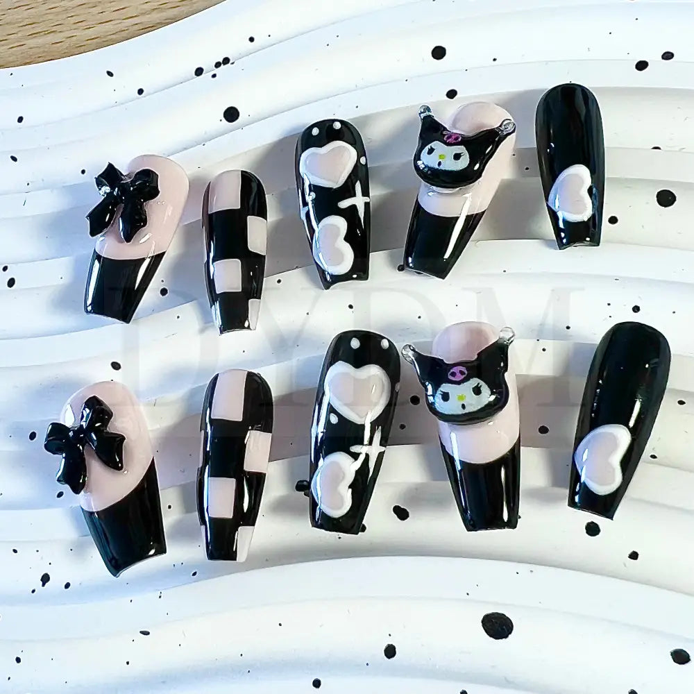 Black Pink Kuromi - Ballerina Style Kuromi inspired handmade reusable press on nails featuring a bold black and sweet pink color scheme,  adorned with hearts and chess patterns