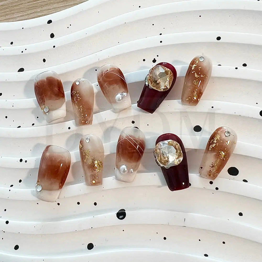 Amber French Tip with Gems and Pearls Handmade Press On Nails 