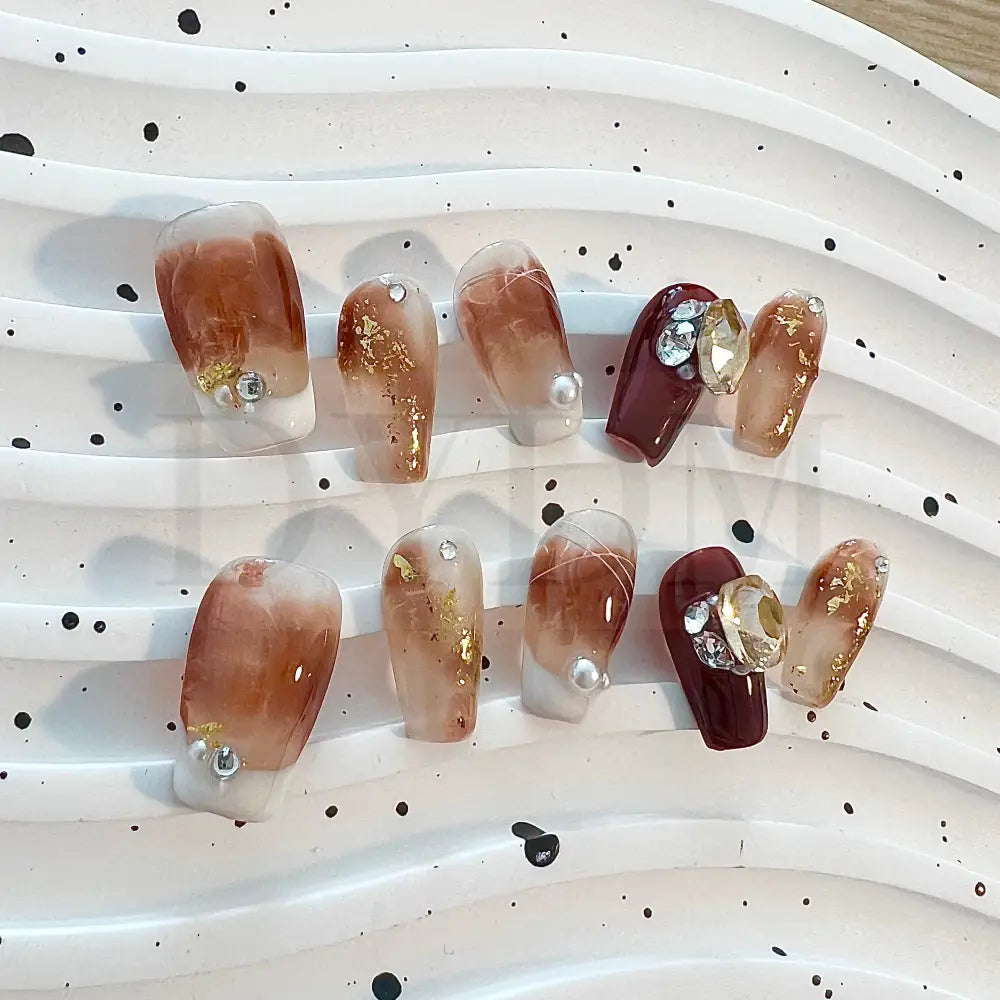 Amber French Tip with Gems and Pearls Handmade Press On Nails 