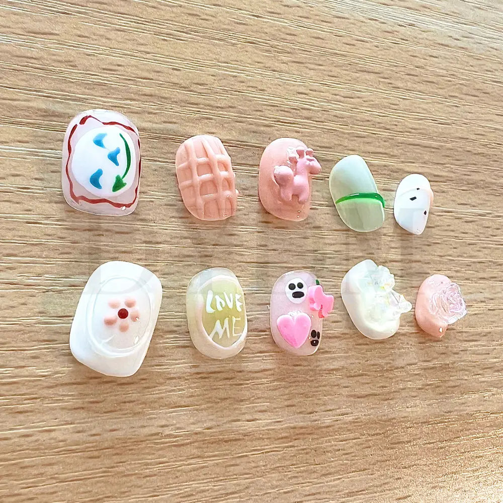 Beary Sweet Beary Sweet Colorful and cute squoval short handmade reusable press-on nails adorned with adorable 3D charms, adding a touch of sweetness and playfulness to your fingertips.