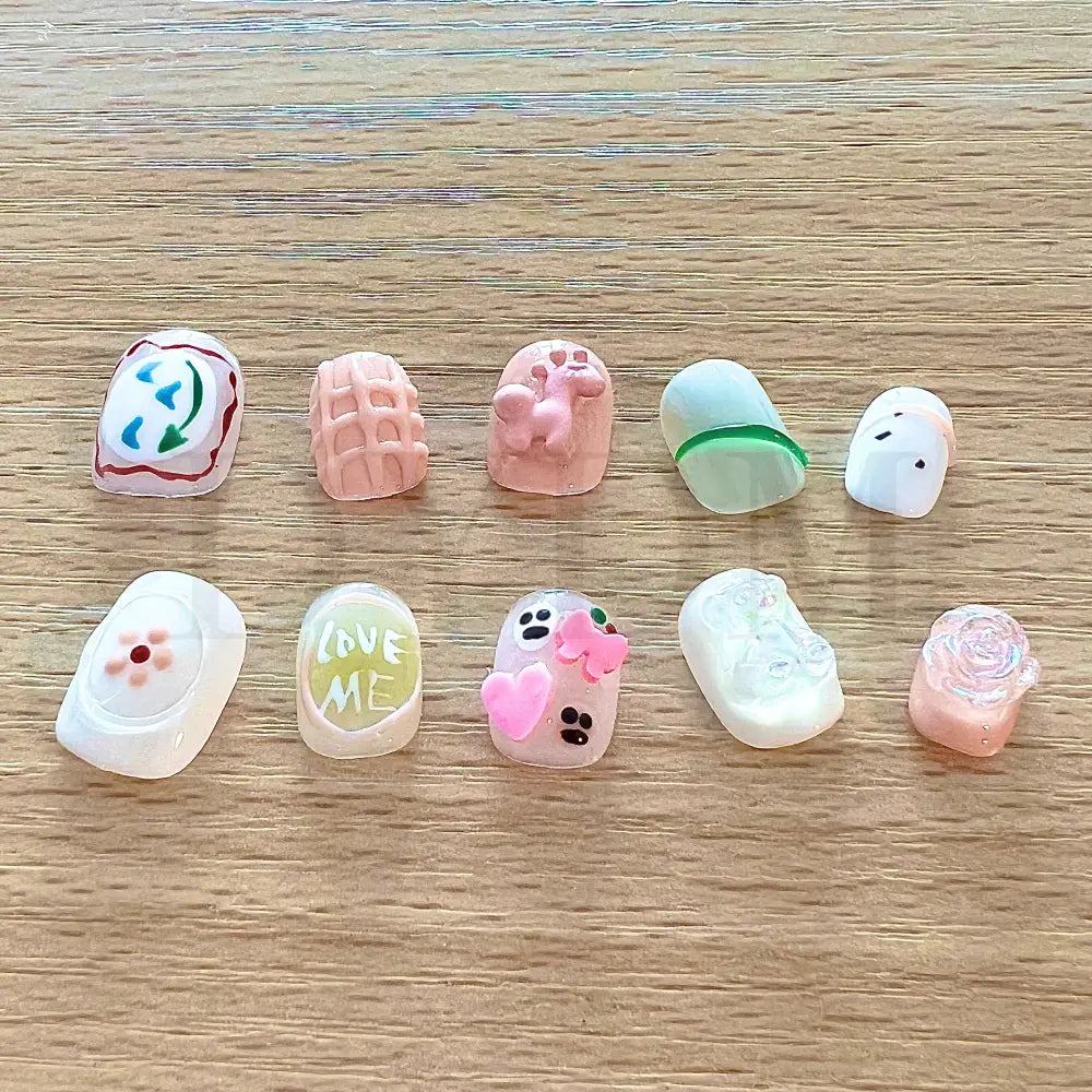 Beary Sweet Beary Sweet Colorful and cute squoval short handmade reusable press-on nails adorned with adorable 3D charms, adding a touch of sweetness and playfulness to your fingertips.