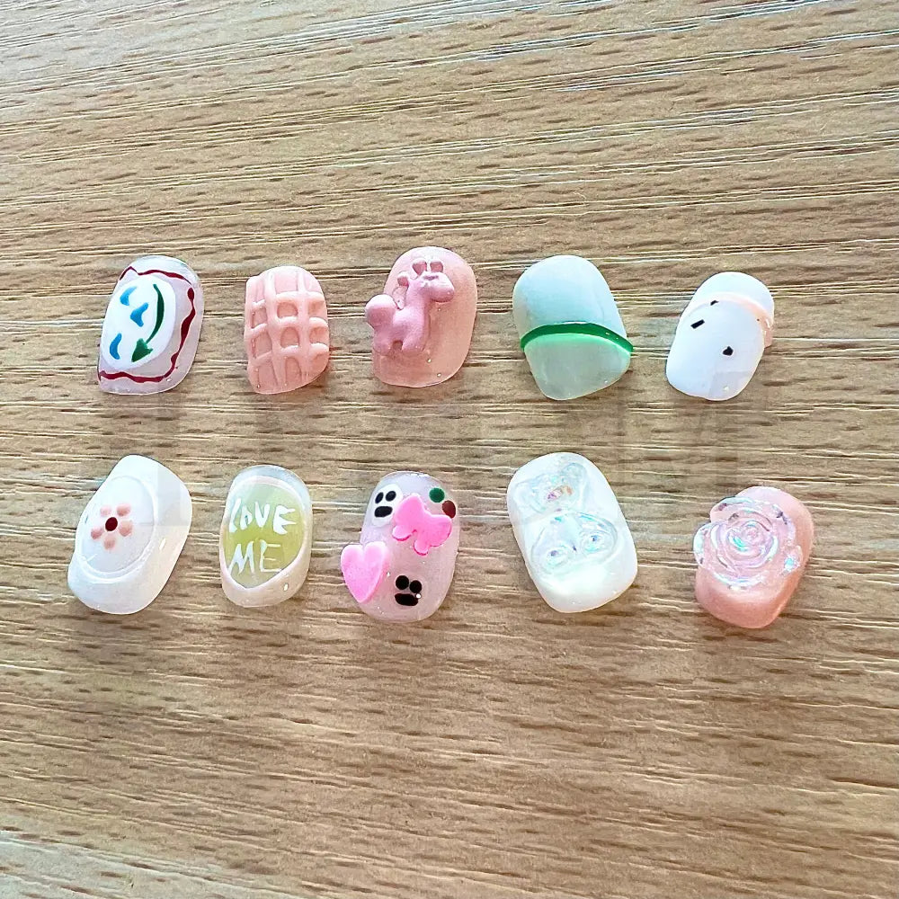 Beary Sweet Beary Sweet Colorful and cute squoval short handmade reusable press-on nails adorned with adorable 3D charms, adding a touch of sweetness and playfulness to your fingertips.