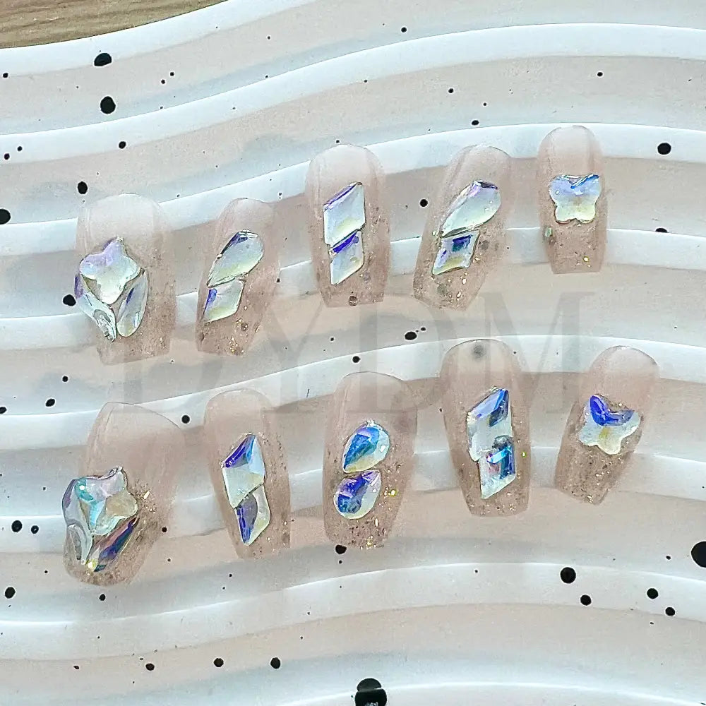 Crystal Crush - Ballerina Style Handmade reusable nails with a dazzling bling effect, featuring sparkling crystal gemstones that add a captivating shine and draw attention to your fingertips.