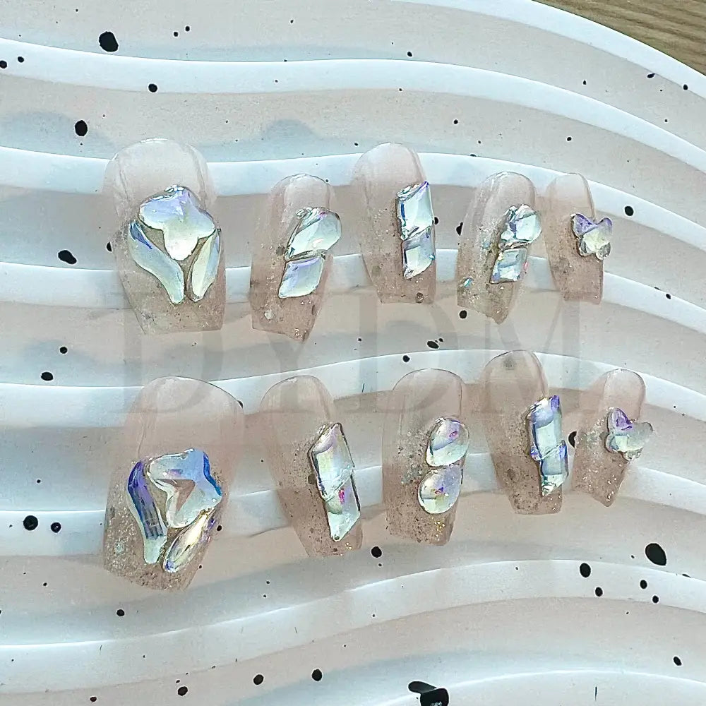 Crystal Crush - Ballerina Style Handmade reusable nails with a dazzling bling effect, featuring sparkling crystal gemstones that add a captivating shine and draw attention to your fingertips.