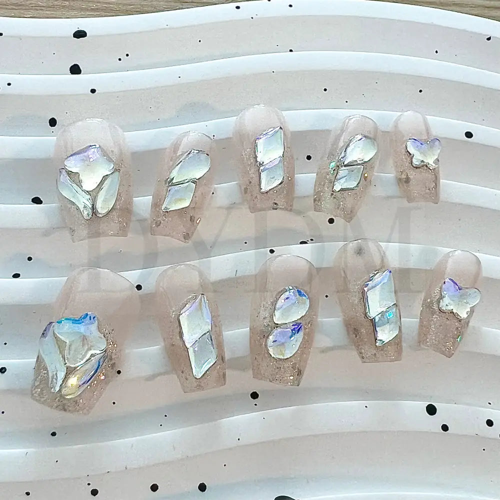 Crystal Crush - Ballerina Style Handmade reusable nails with a dazzling bling effect, featuring sparkling crystal gemstones that add a captivating shine and draw attention to your fingertips.