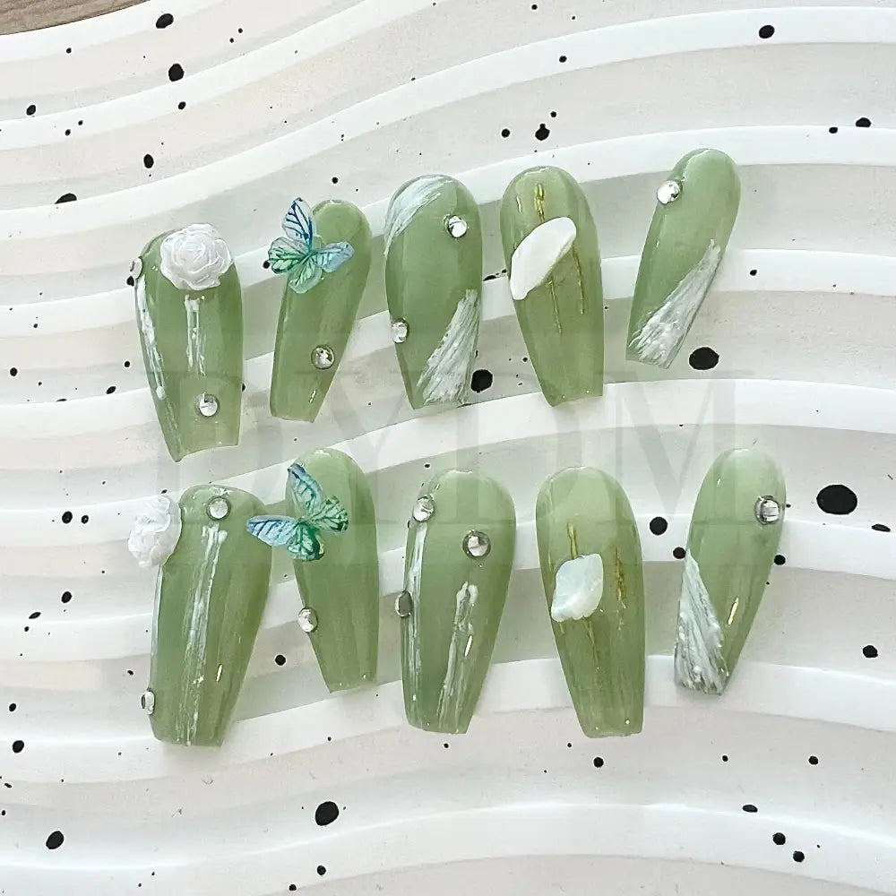 Green Meadow handmade press on green nails with 3D butterfly, flower and rhinestones