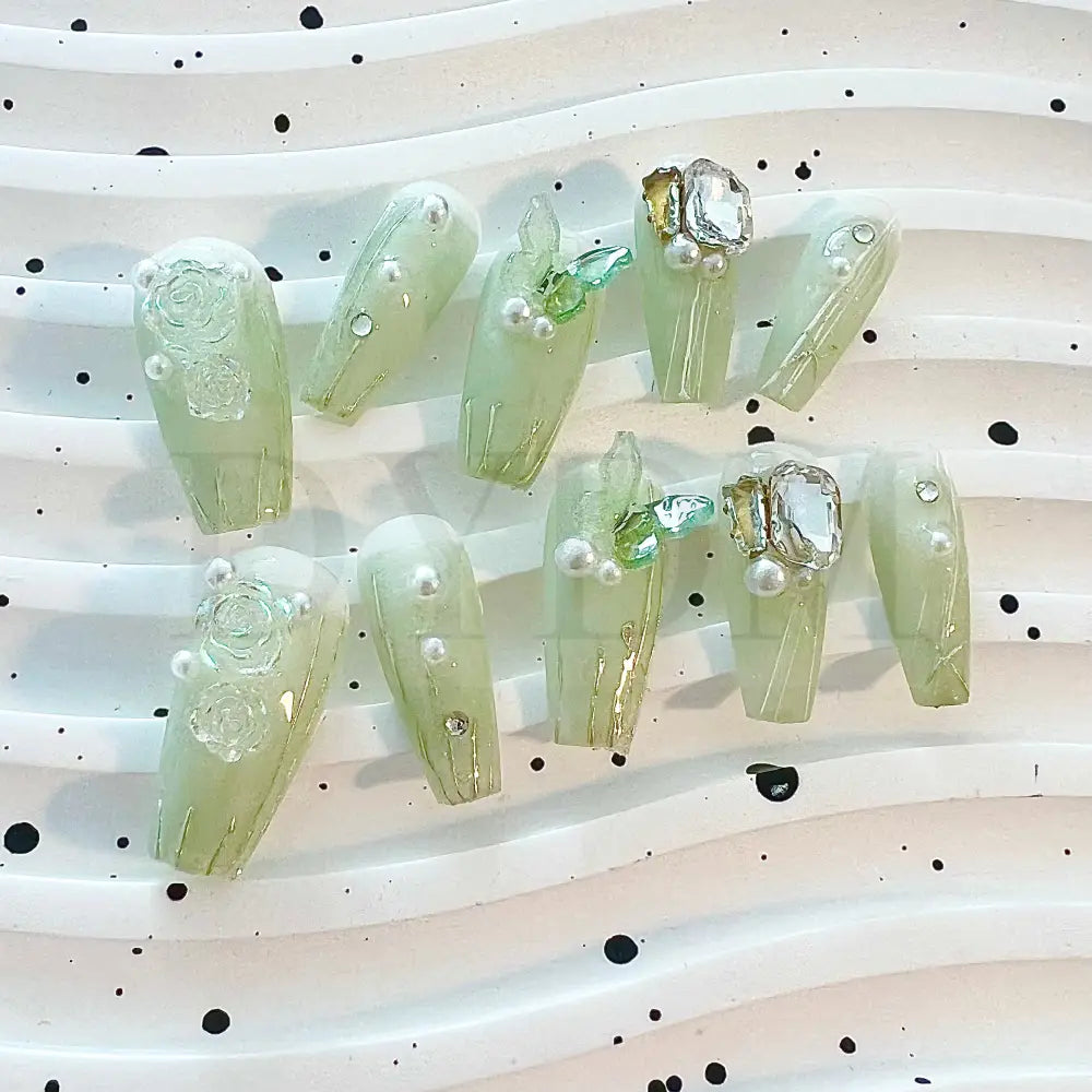 Secret Butterfly Garden green butterfly handmade press on nails