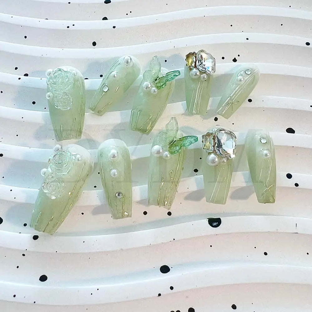 Secret Butterfly Garden green butterfly handmade press on nails